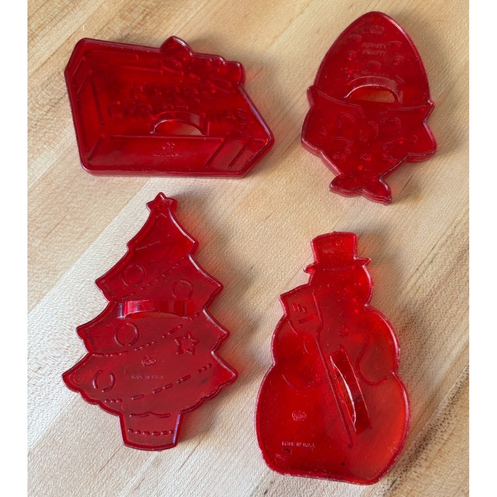 4 Vintage red plastic cookie cutters Humpty Dumpty & 3 Christmas cutters